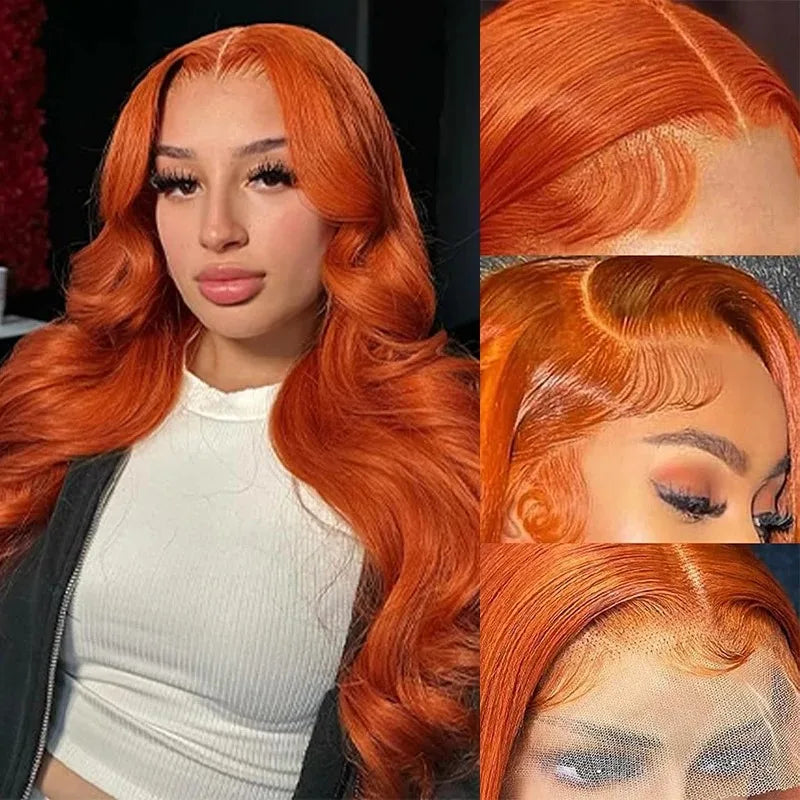 YKB Ginger Body Wave 13x6 HD Lace Front Wigs Human Hair 200 Density 350 Orange Colored Brazilian Remy Hair Pre Plucked For Women