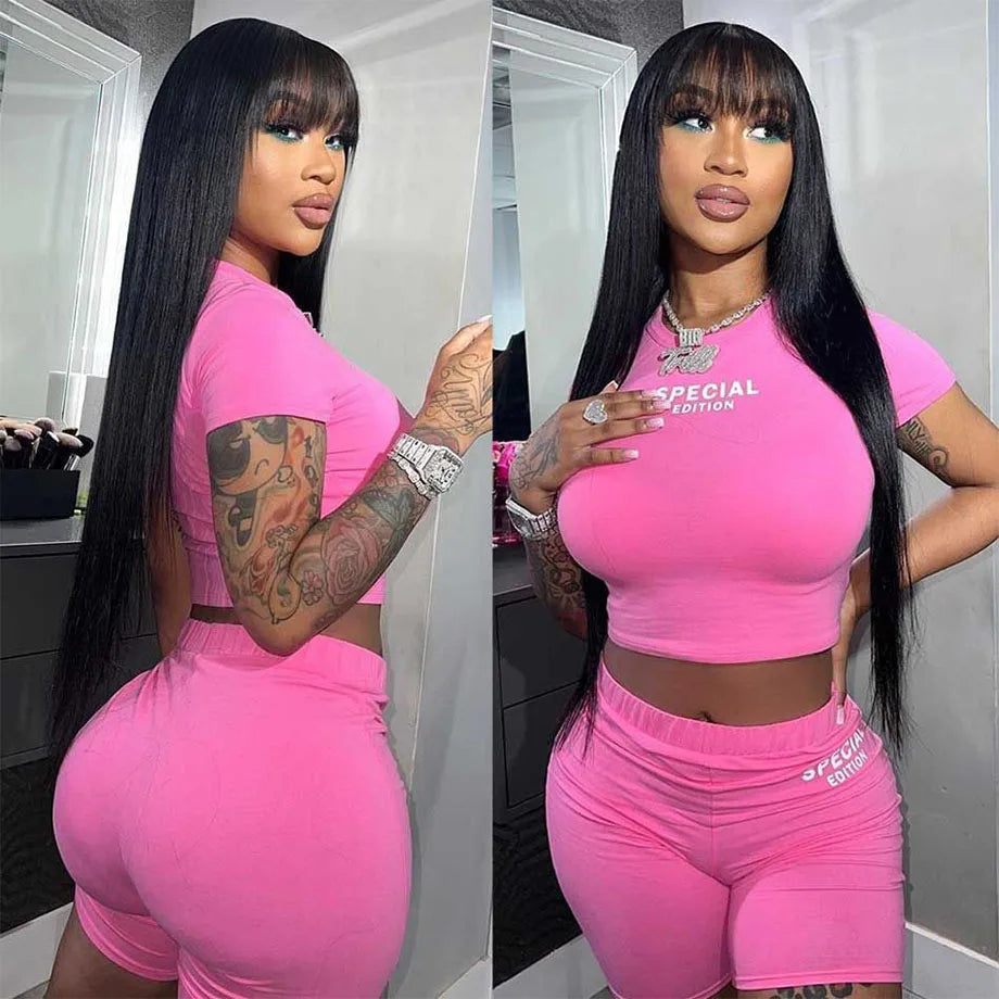 3x1 Middle Part Human Hair Wigs With Bangs Cheap Straight Wigs For Black Women 30 32 Inch Brazilian Wigs 100% Human Hair Wig