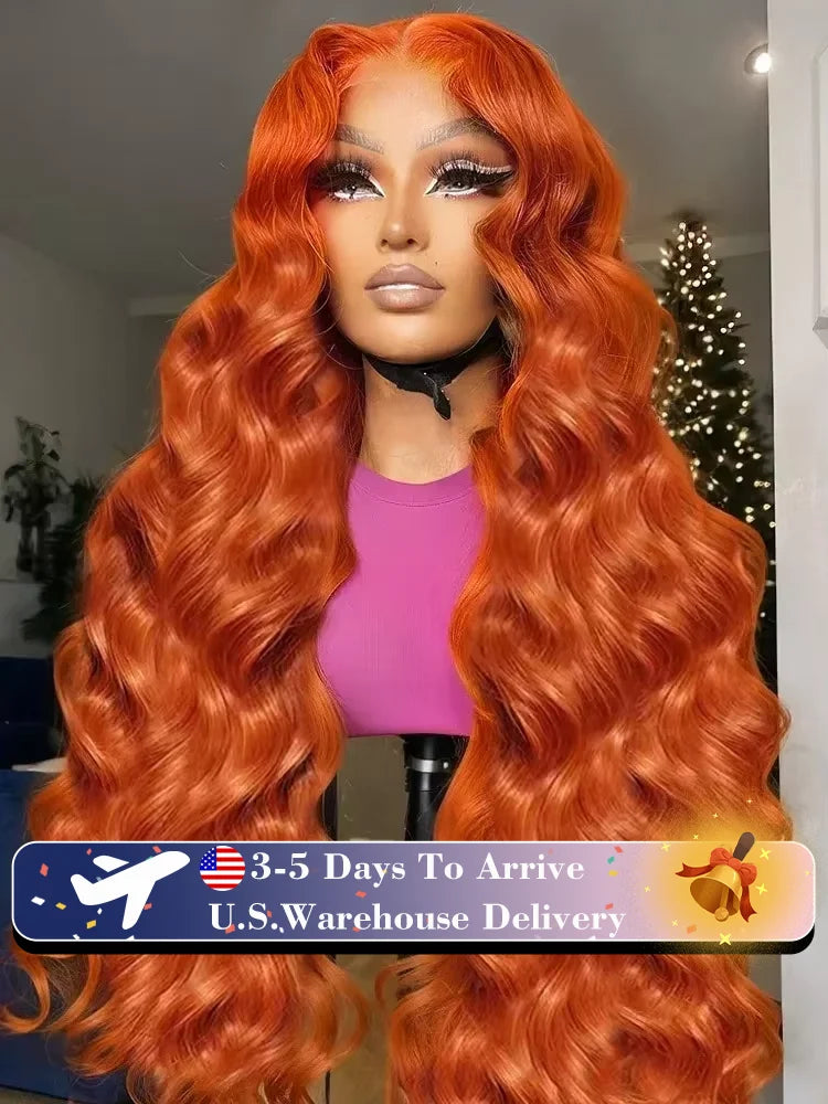 YKB Ginger Body Wave 13x6 HD Lace Front Wigs Human Hair 200 Density 350 Orange Colored Brazilian Remy Hair Pre Plucked For Women