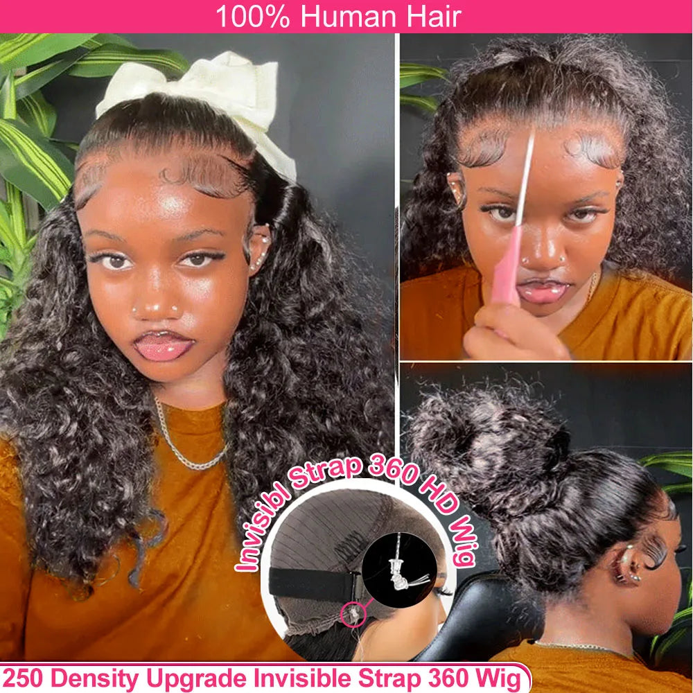 250 Density Invisible Strap Curly 360 Full Lace Front Human Hair Wig 30 Inch Water Wave Lace Frontal Wig Glueless Wig Human Hair