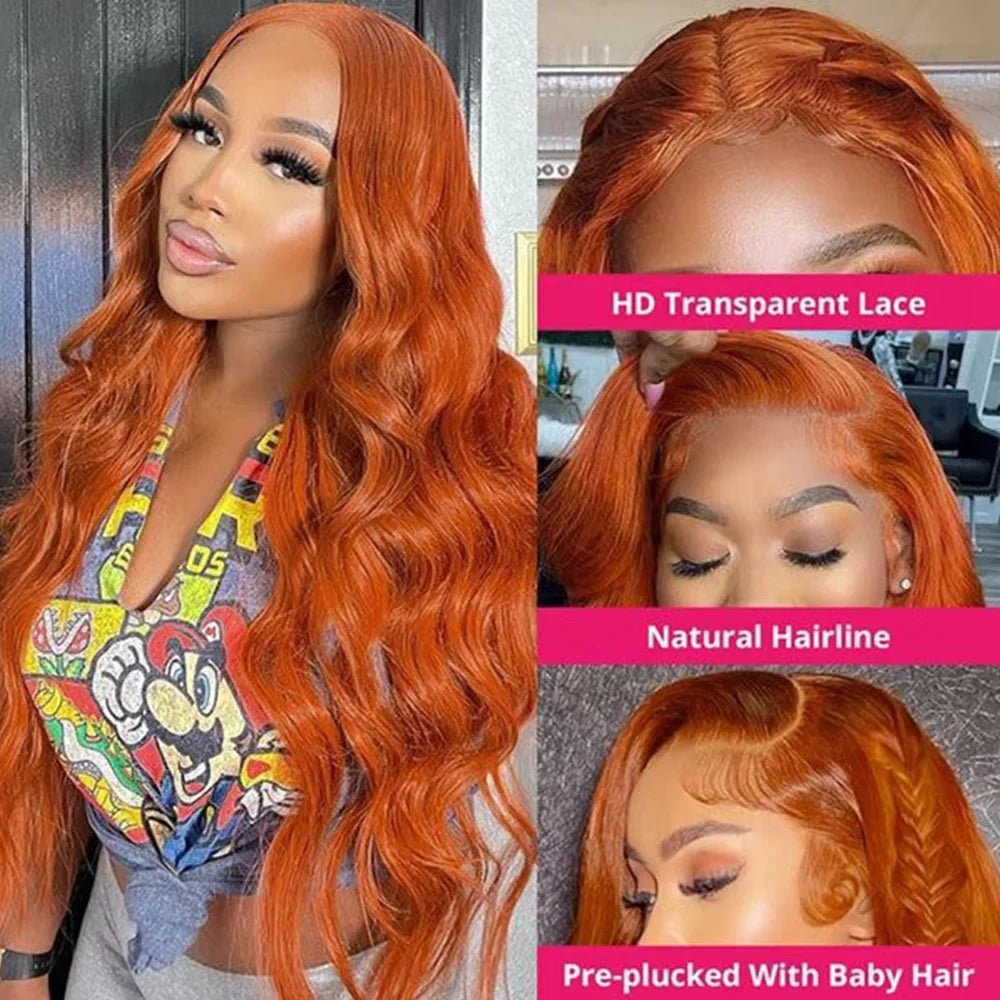 Luvin 13x4 13x6 220% Density Transparent HD Lace Front Wig Human Hair for Women Body Wave Remy Human Hair Ginger Orange 350#