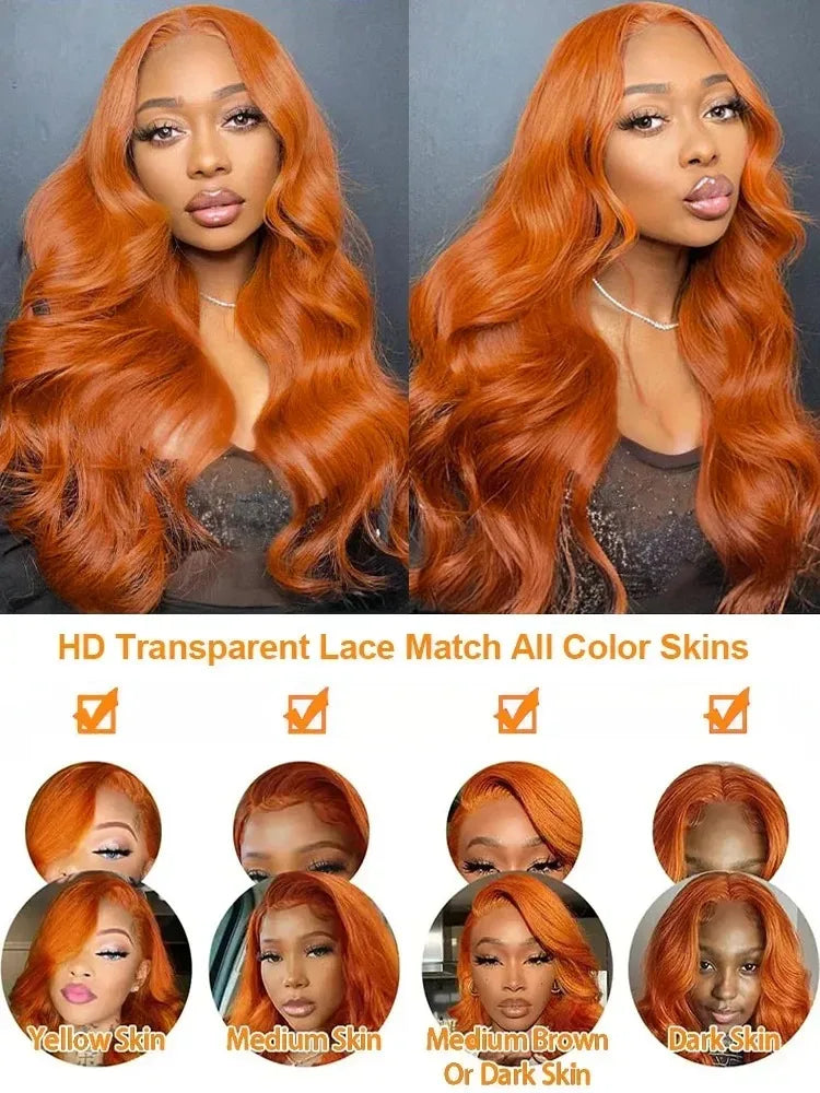 YKB Ginger Body Wave 13x6 HD Lace Front Wigs Human Hair 200 Density 350 Orange Colored Brazilian Remy Hair Pre Plucked For Women