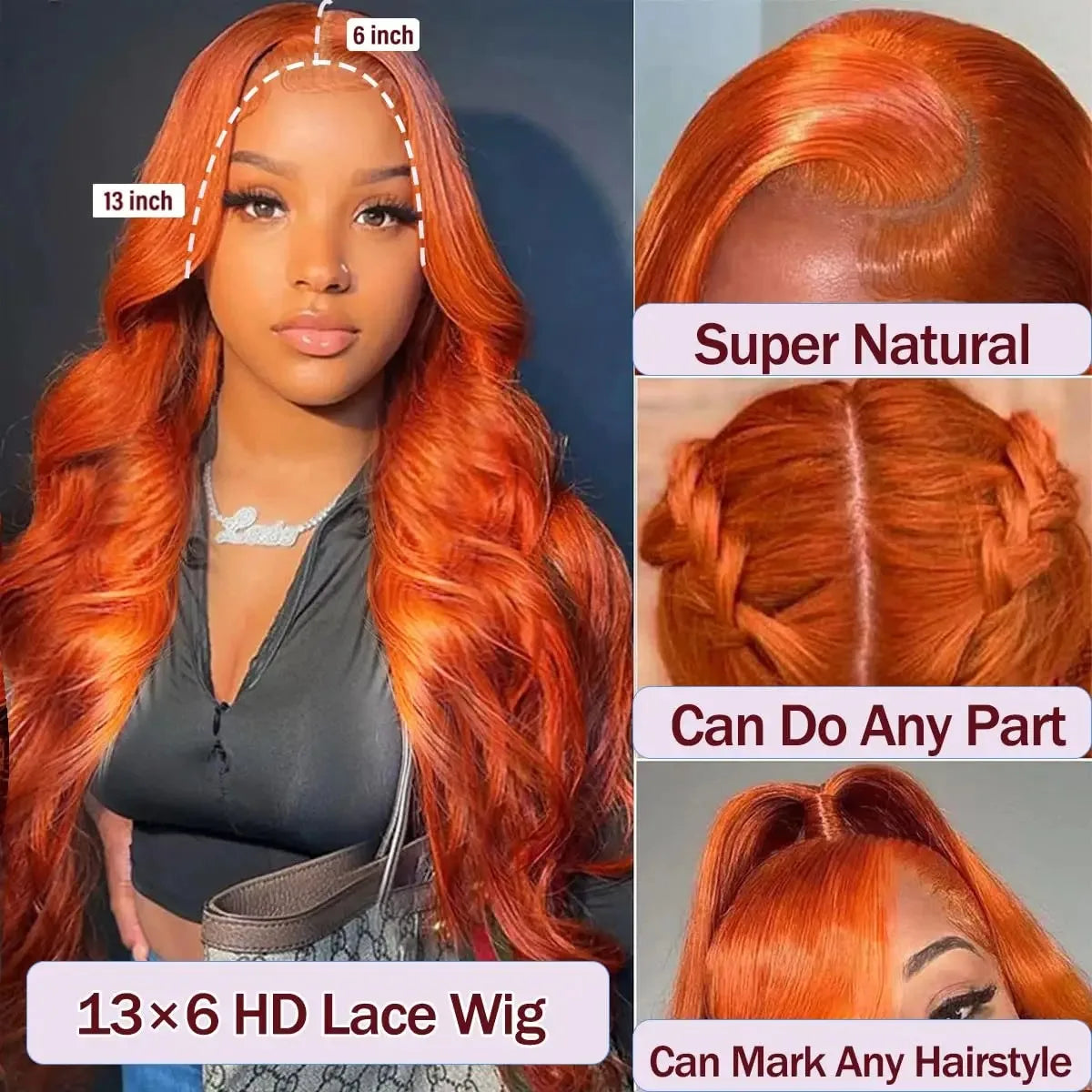 YKB Ginger Body Wave 13x6 HD Lace Front Wigs Human Hair 200 Density 350 Orange Colored Brazilian Remy Hair Pre Plucked For Women