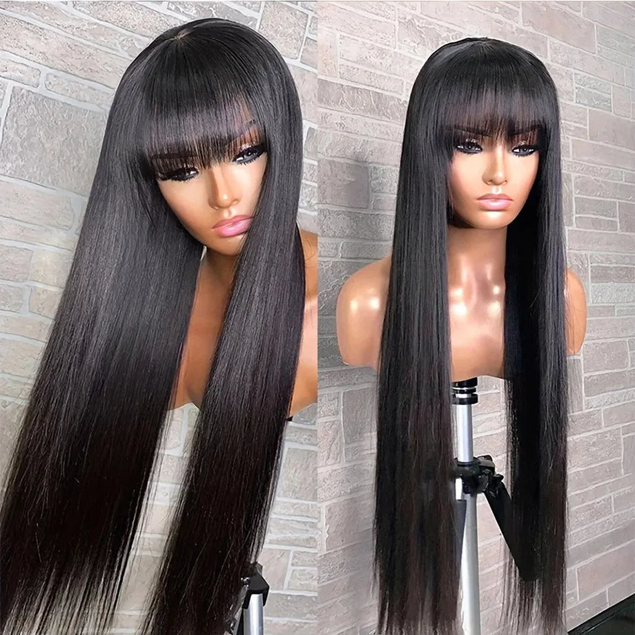 3x1 Middle Part Human Hair Wigs With Bangs Cheap Straight Wigs For Black Women 30 32 Inch Brazilian Wigs 100% Human Hair Wig