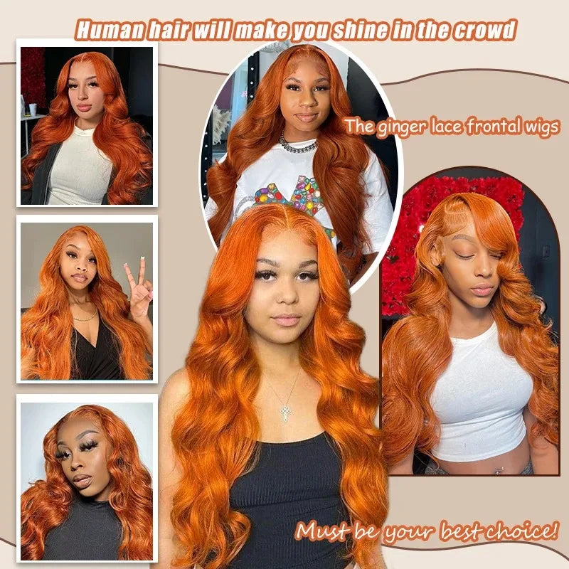YKB Ginger Body Wave 13x6 HD Lace Front Wigs Human Hair 200 Density 350 Orange Colored Brazilian Remy Hair Pre Plucked For Women