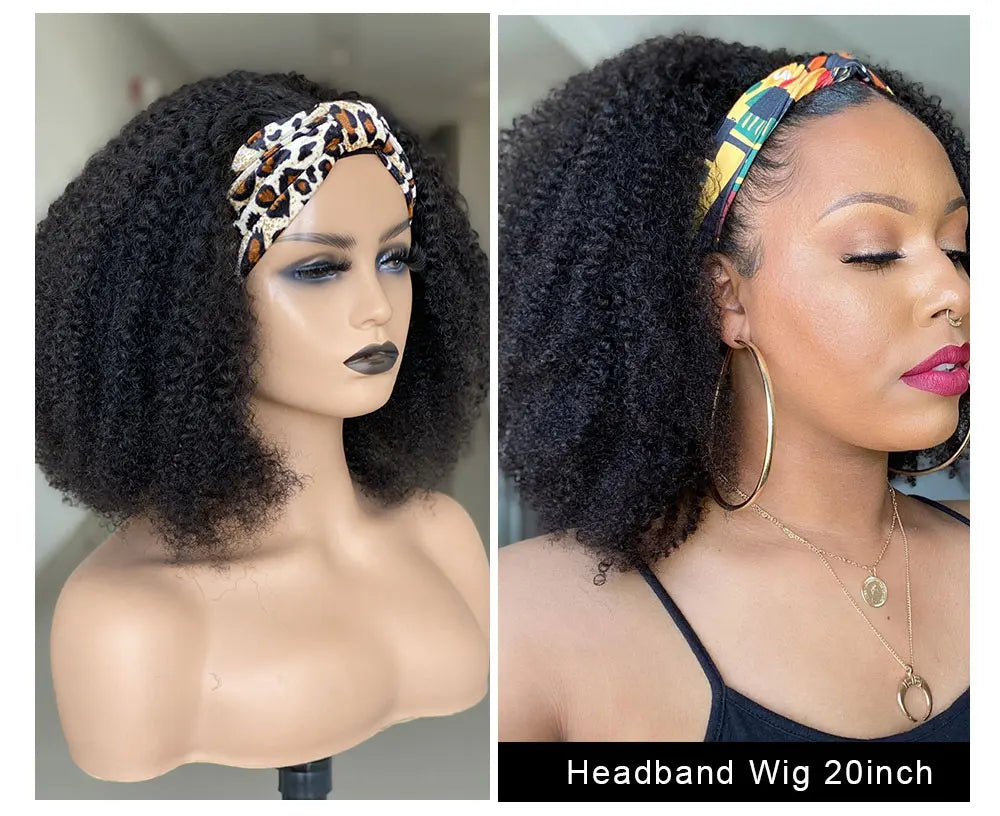 Afro Kinky Curly Wig Silk Headband Wig Human Hair for Women 180% Glueless Wigmy Curly Human Hair Wig Brazilian Hair Half Wig
