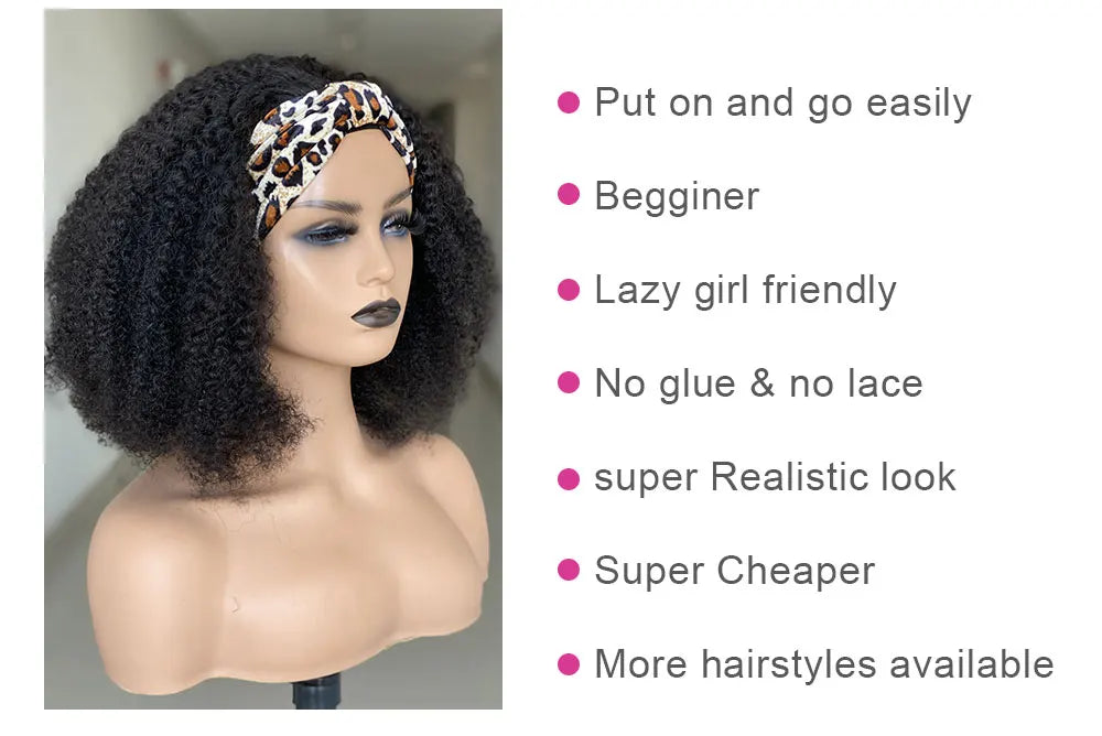 Afro Kinky Curly Wig Silk Headband Wig Human Hair for Women 180% Glueless Wigmy Curly Human Hair Wig Brazilian Hair Half Wig