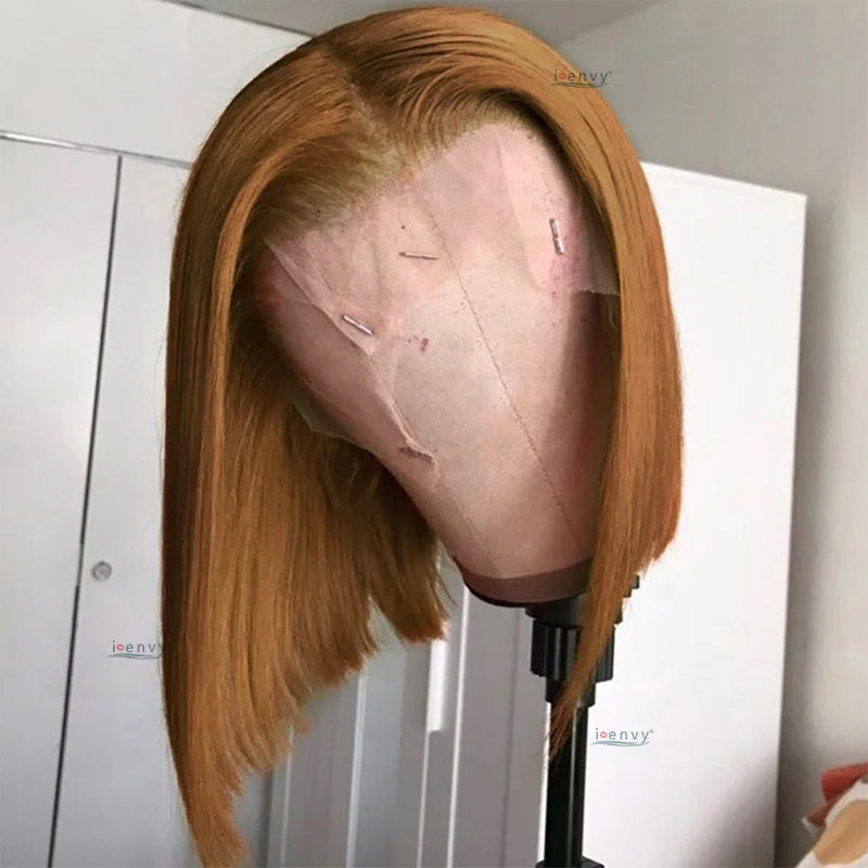Ginger Short Bob Human Hair Wigs Blonde Lace Front Wig Peruvian Straight Orange Burgundy Red 13x1 Transparent Part Lace Bob Wig