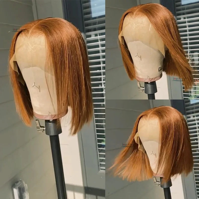 Ginger Short Bob Human Hair Wigs Blonde Lace Front Wig Peruvian Straight Orange Burgundy Red 13x1 Transparent Part Lace Bob Wig