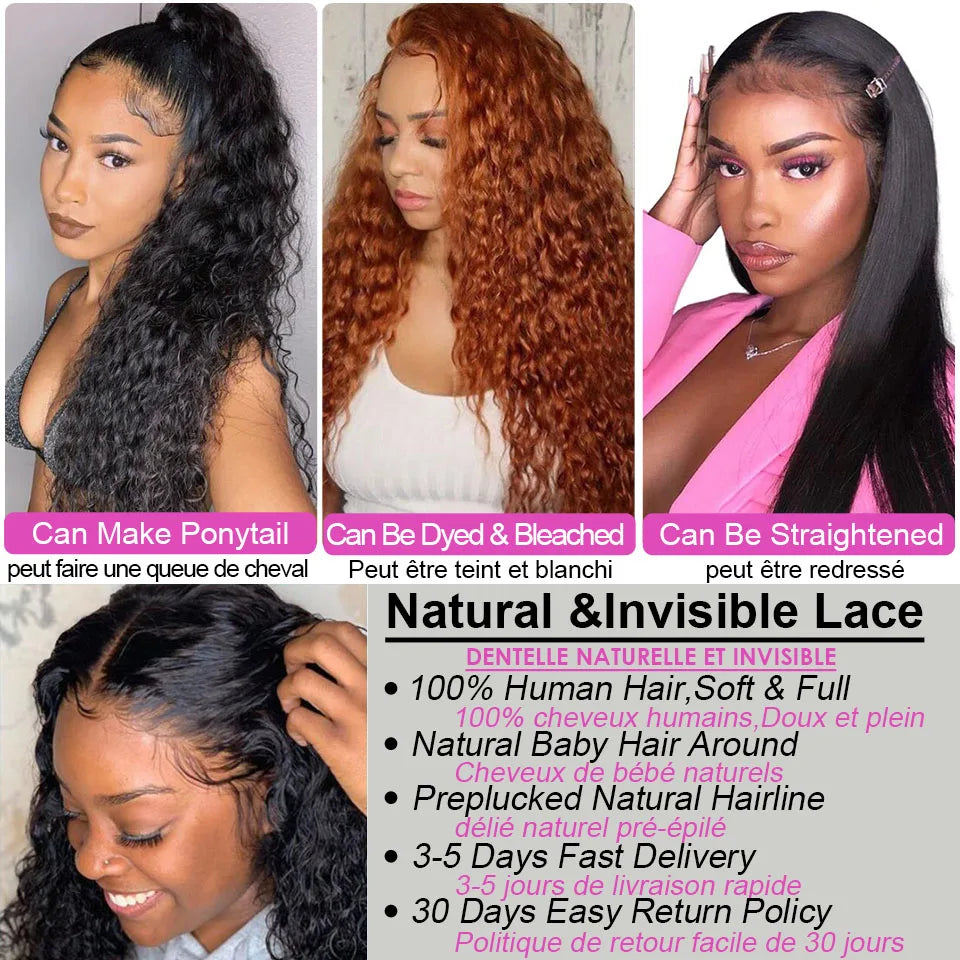 Nicelight Water Wave Transparent 13x6 Lace Frontal Wigs 30 Inch Brazilian Remy Pre Plucked Human Hair Wigs Curly Lace Front Wig