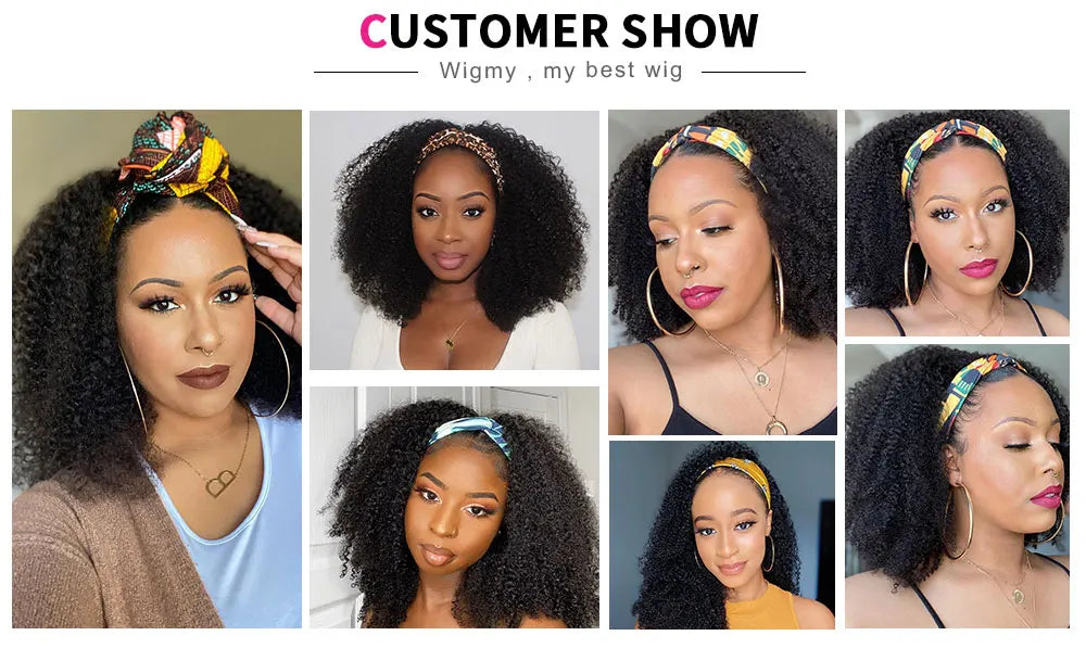 Afro Kinky Curly Wig Silk Headband Wig Human Hair for Women 180% Glueless Wigmy Curly Human Hair Wig Brazilian Hair Half Wig