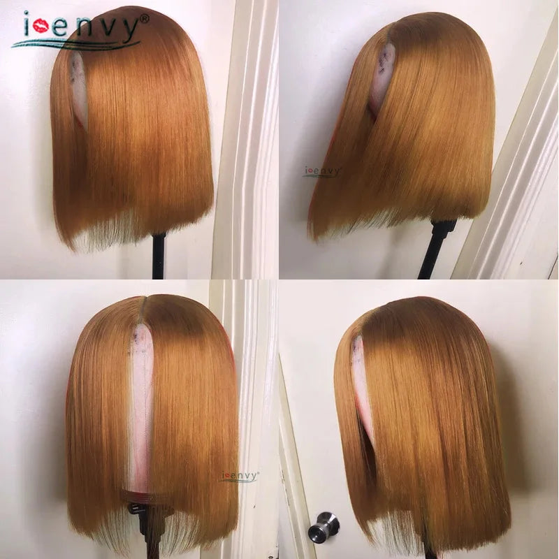 Ginger Short Bob Human Hair Wigs Blonde Lace Front Wig Peruvian Straight Orange Burgundy Red 13x1 Transparent Part Lace Bob Wig