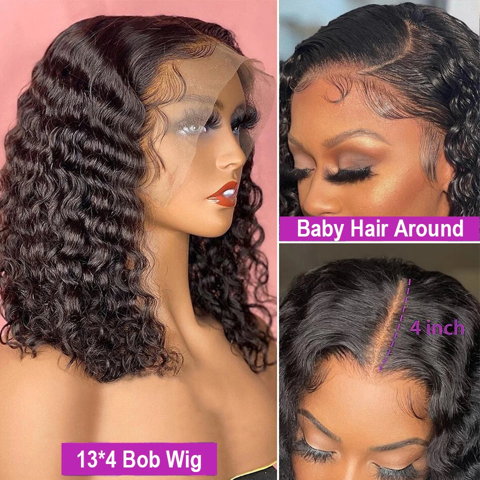 13x1 Curly Short Bob Lace Wigs Brazilian 4x4 Bob Lace Closure Wig Glueless Deep Wave Lace Frontal Human Hair Wigs For Women 220%