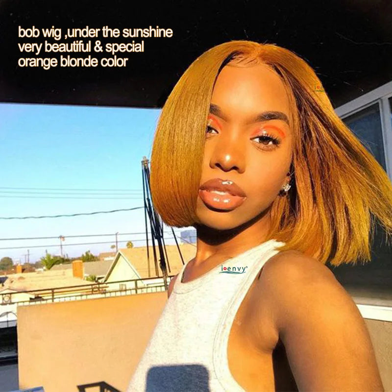 Ginger Short Bob Human Hair Wigs Blonde Lace Front Wig Peruvian Straight Orange Burgundy Red 13x1 Transparent Part Lace Bob Wig