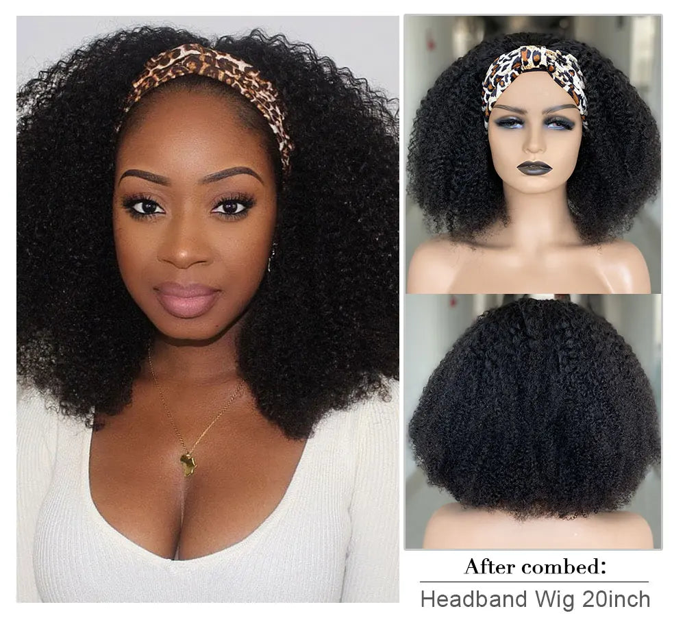 Afro Kinky Curly Wig Silk Headband Wig Human Hair for Women 180% Glueless Wigmy Curly Human Hair Wig Brazilian Hair Half Wig