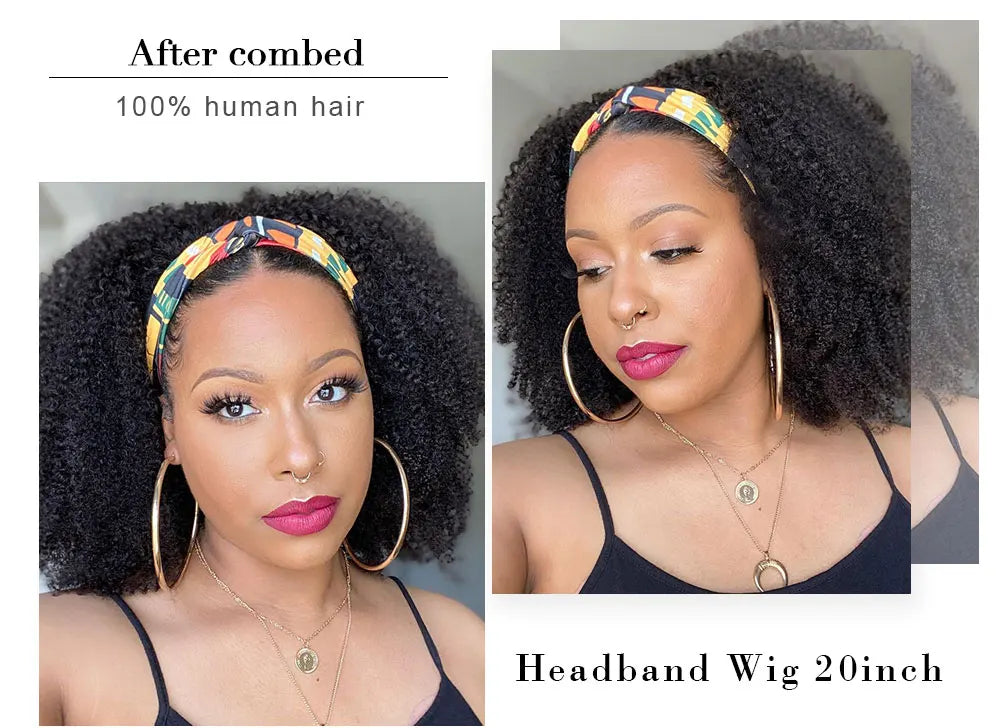 Afro Kinky Curly Wig Silk Headband Wig Human Hair for Women 180% Glueless Wigmy Curly Human Hair Wig Brazilian Hair Half Wig