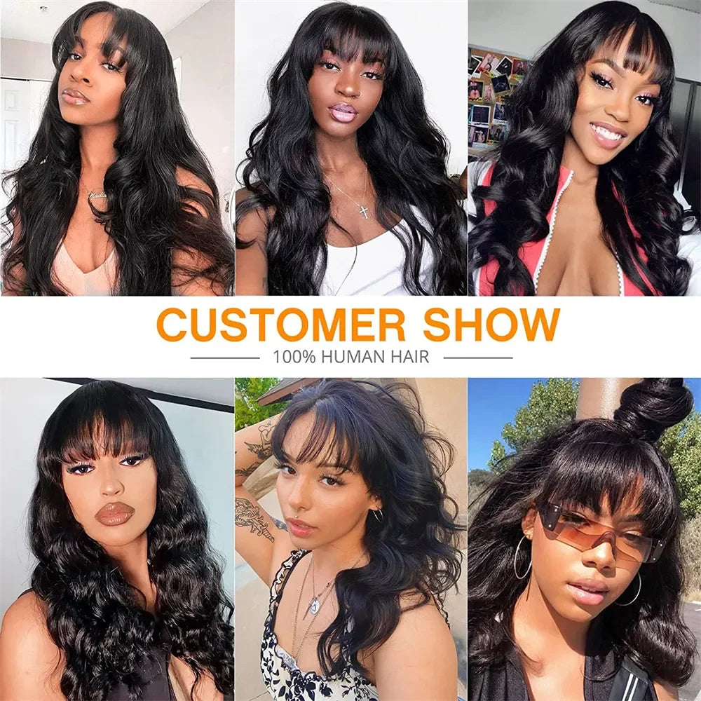 Body Wave Human Hair Wigs With Bangs Short Bob Wig With Bangs 180% Density Brazilian Fringe Remy Full Machine Made Wig For Women