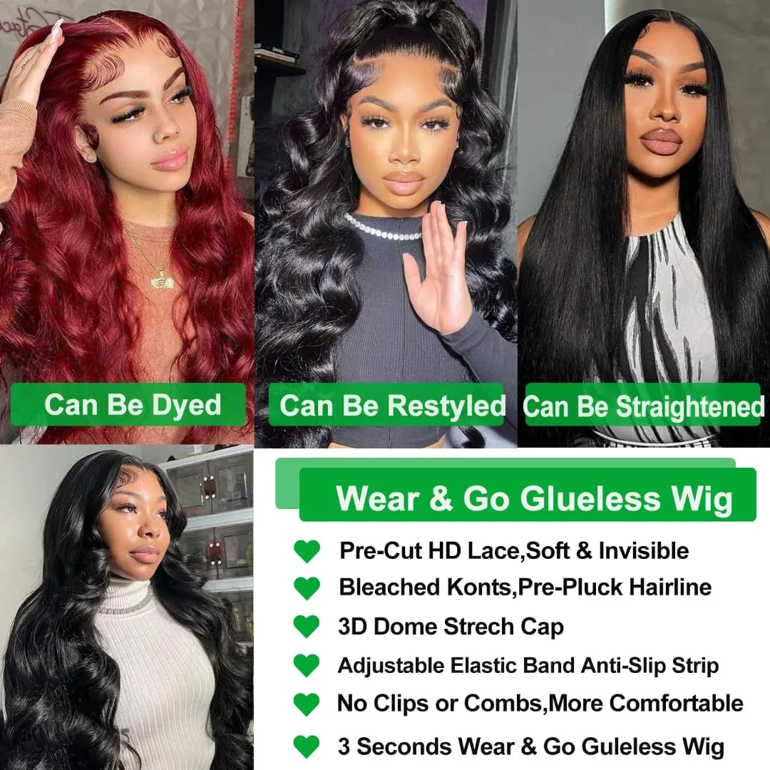 Glueless Wigs Human Hair Pre Plucked Pre Cut Wear Go 5x5 Body Wave HD Lace Closure Wigs Ready to Wear Bleached Knots 200%
