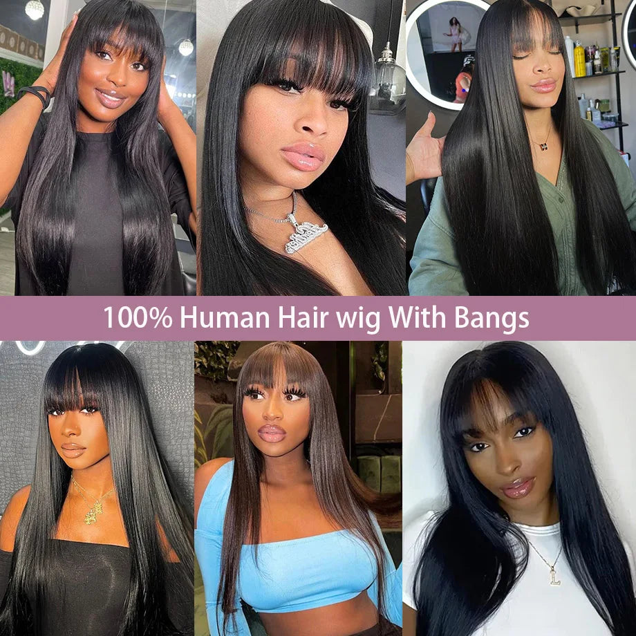 3x1 Middle Part Human Hair Wigs With Bangs Cheap Straight Wigs For Black Women 30 32 Inch Brazilian Wigs 100% Human Hair Wig