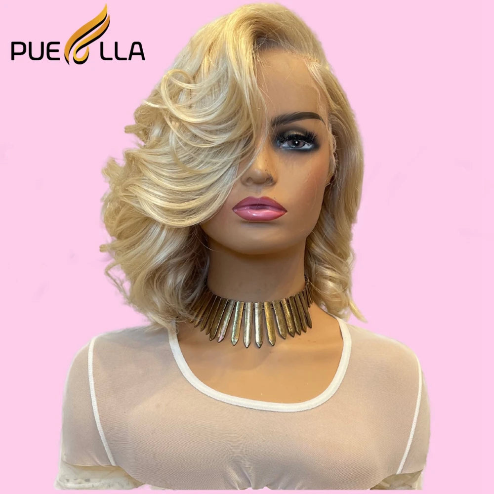 Ombre Honey Blonde 13X4 Lace Front Wig Remy Human Hair Preplucked 613 Brown Colored Short Wavy Transparent Lace Frontal Wigs