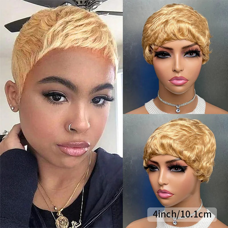150% Density Chic Pixie Cut Human Hair Wig with Bangs - Brazilian Non-Lace Front, Full Machine-Made for Everyday Elegance