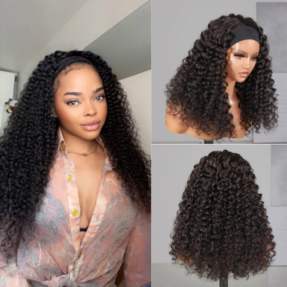 Afro Kinky Curly Wig Silk Headband Wig Human Hair for Women 180% Glueless Wigmy Curly Human Hair Wig Brazilian Hair Half Wig