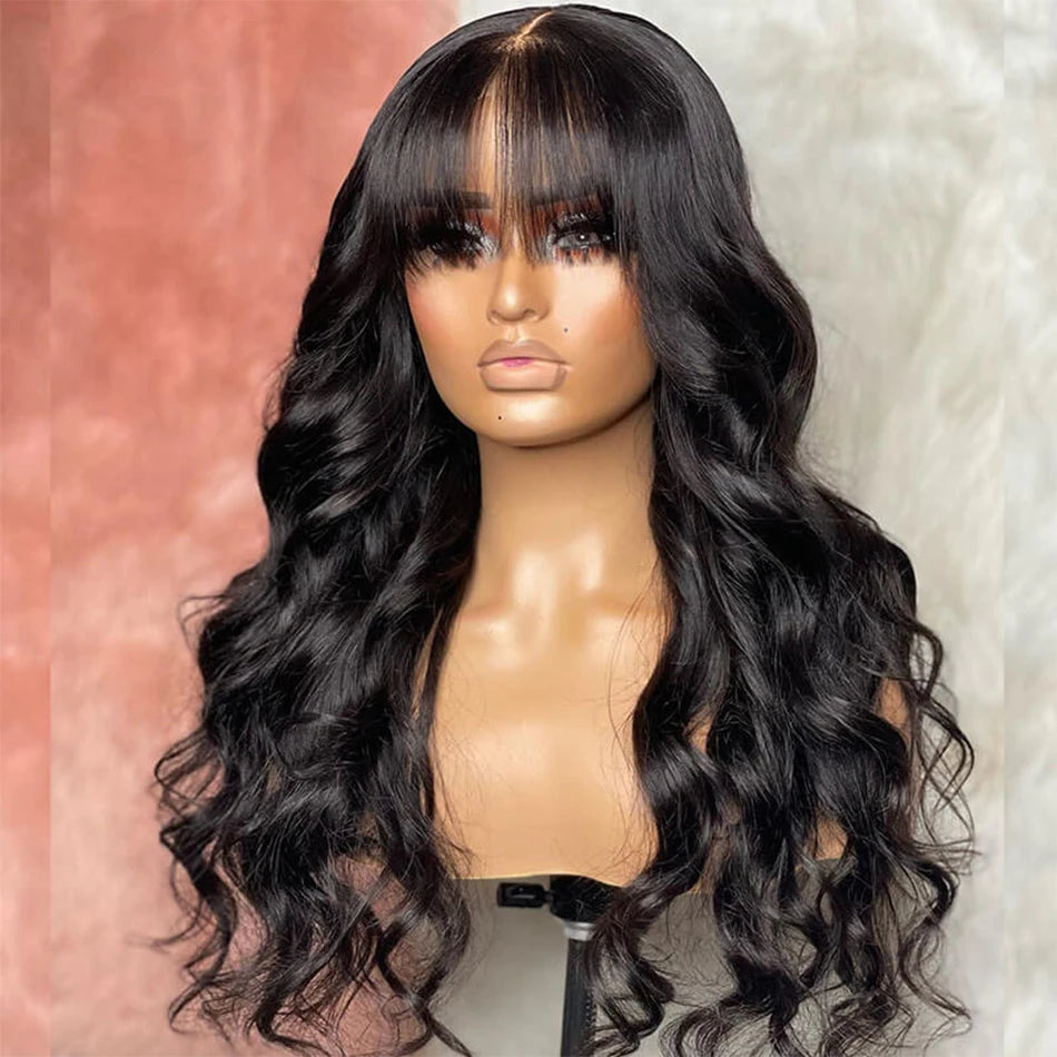 Body Wave Human Hair Wigs With Bangs Short Bob Wig With Bangs 180% Density Brazilian Fringe Remy Full Machine Made Wig For Women