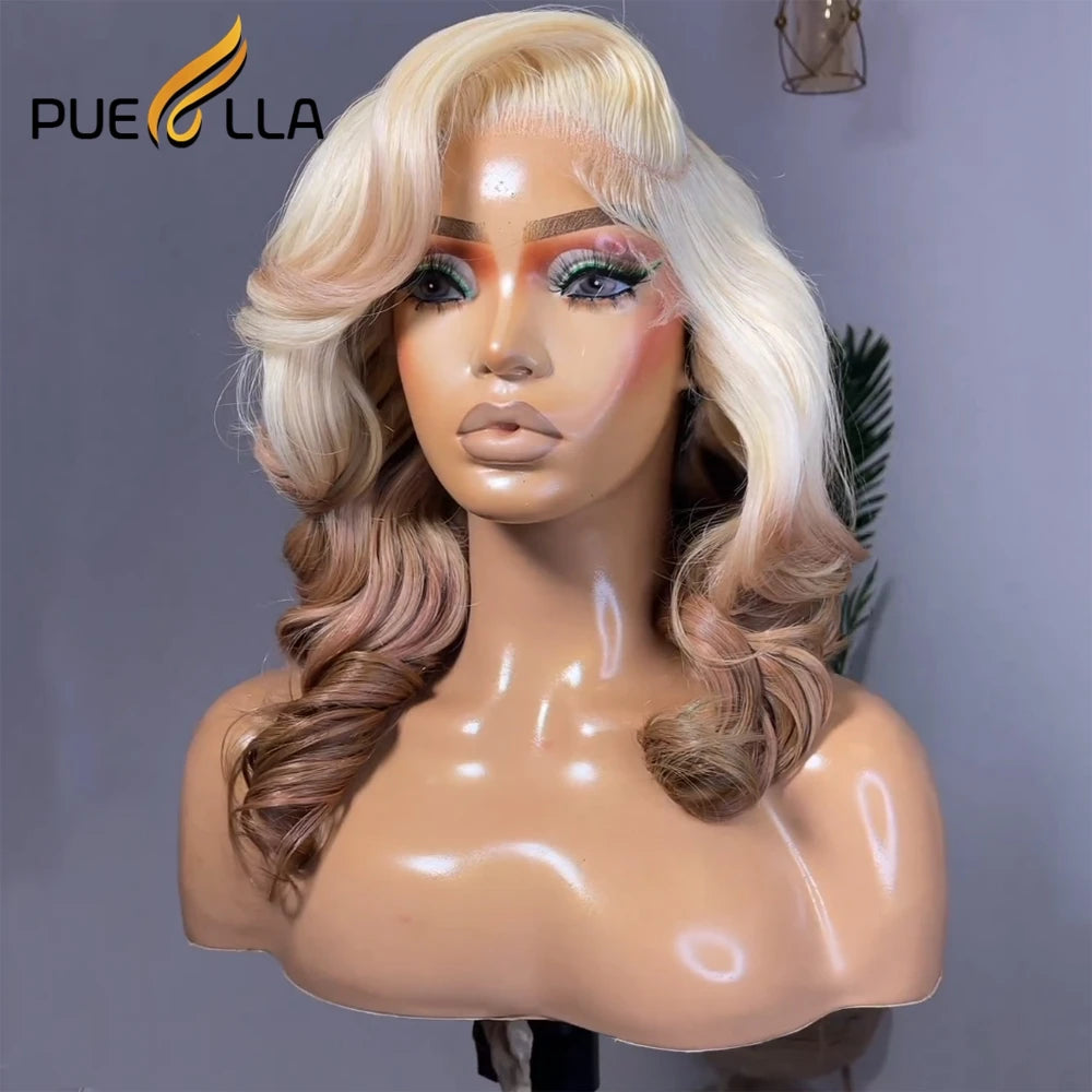 Ombre Honey Blonde 13X4 Lace Front Wig Remy Human Hair Preplucked 613 Brown Colored Short Wavy Transparent Lace Frontal Wigs