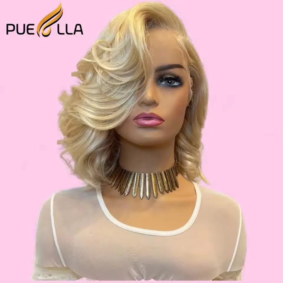 Ombre Honey Blonde 13X4 Lace Front Wig Remy Human Hair Preplucked 613 Brown Colored Short Wavy Transparent Lace Frontal Wigs