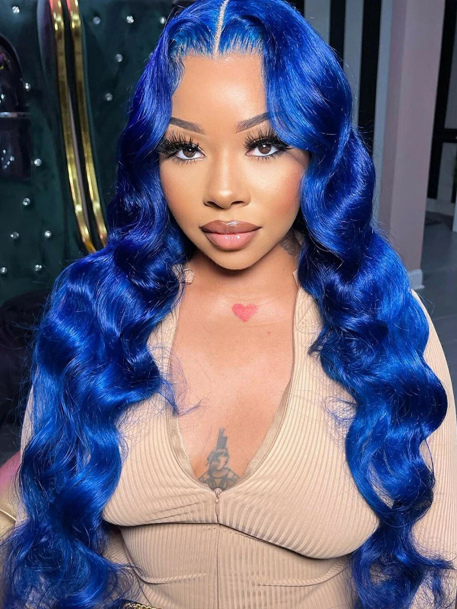Blue 13x4 Lace Front Body Wave Human Hair Wigs Brazilian Blue Colored HD Transparent Lace Front Wigs For Women Pre Plucked