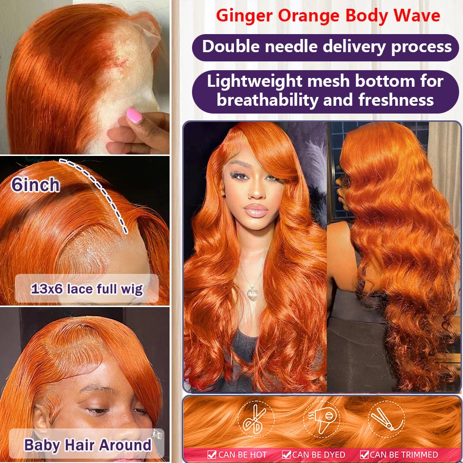 Ginger Orange 13x6 HD Lace Front Wigs Human Hair Bone Body Wave 13x4 Human Hair Lace Frontal Wigs Transparent Lace Wig For Women