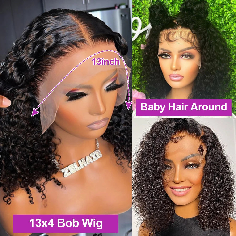 13x1 Curly Short Bob Lace Wigs Brazilian 4x4 Bob Lace Closure Wig Glueless Deep Wave Lace Frontal Human Hair Wigs For Women 220%