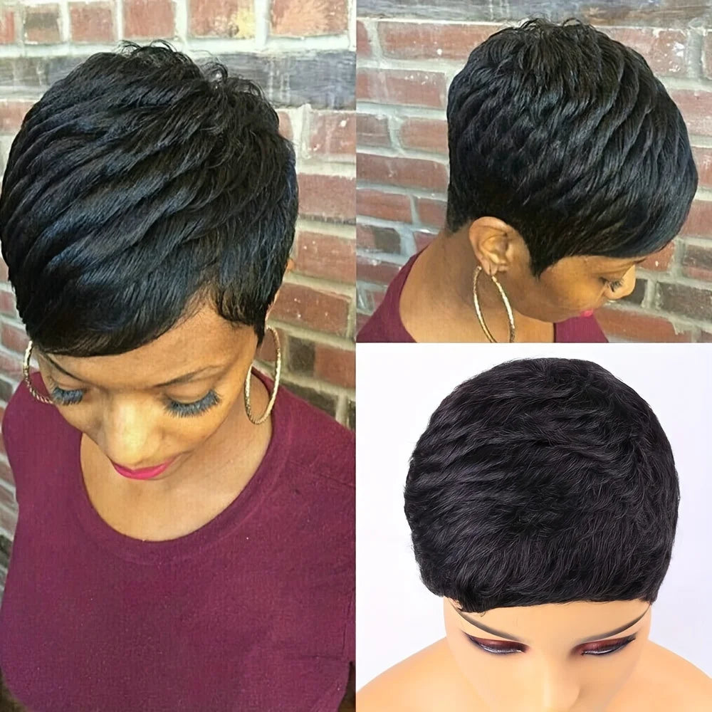 150% Density Chic Pixie Cut Human Hair Wig with Bangs - Brazilian Non-Lace Front, Full Machine-Made for Everyday Elegance