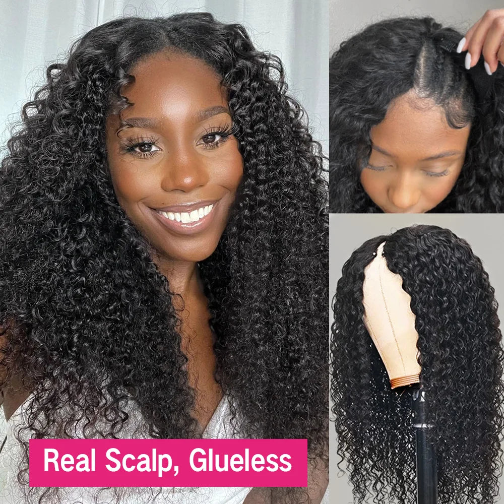 Kinky Curly V Part Wig 100% Human Hair 4C Afro Curly V Part Human Hair Wigs for Women Brazilian Deep Wave Thin Part Wig on Sale