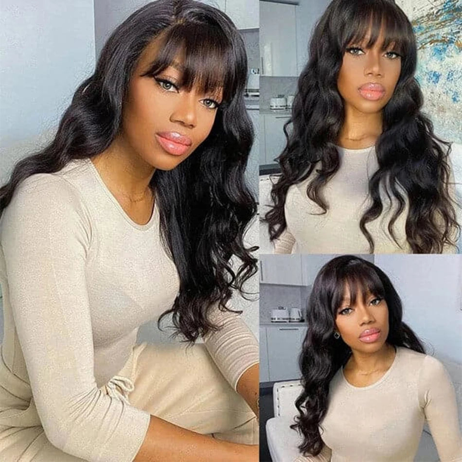 Body Wave Human Hair Wigs With Bangs Short Bob Wig With Bangs 180% Density Brazilian Fringe Remy Full Machine Made Wig For Women