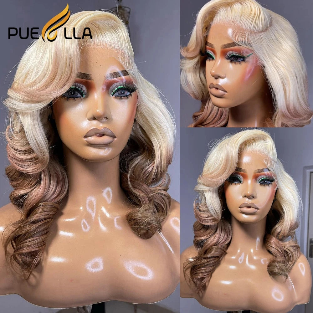Ombre Honey Blonde 13X4 Lace Front Wig Remy Human Hair Preplucked 613 Brown Colored Short Wavy Transparent Lace Frontal Wigs
