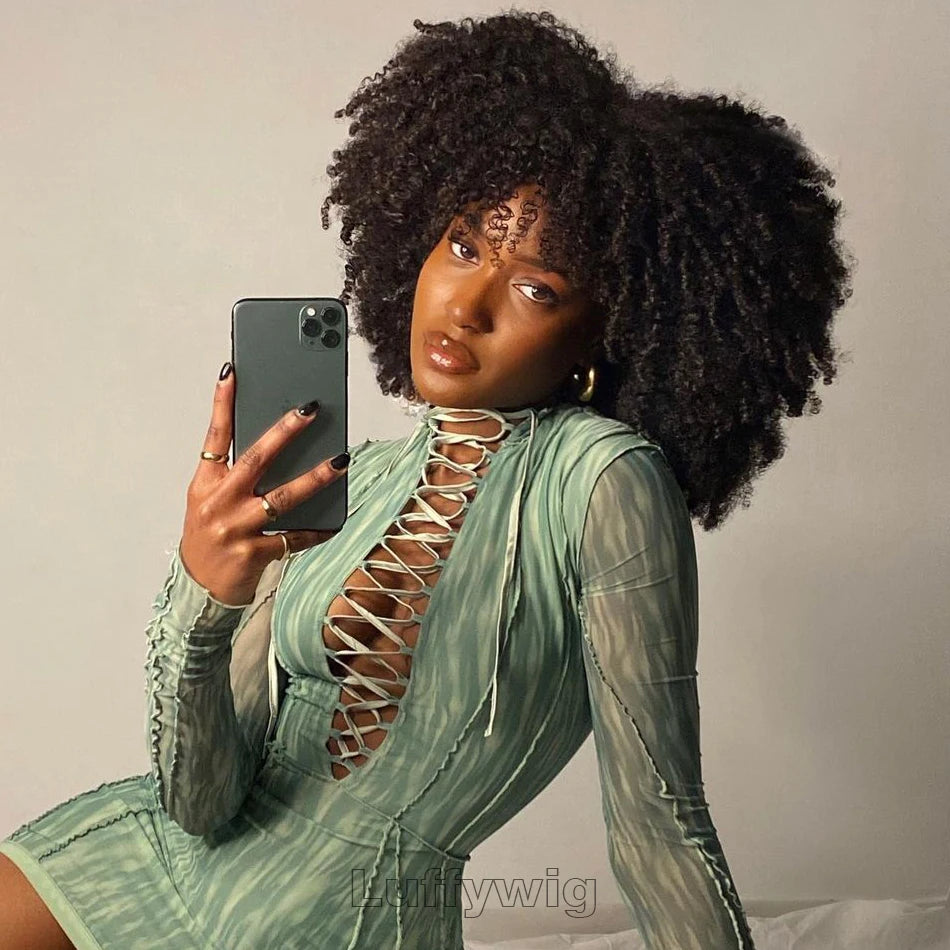 4B 4C Afro Kinky Curly Wig with Bangs Human Hair Full Machine Made Scalp Top Wig 200 Density Remy Brazilian Short Bob Curly Wigs