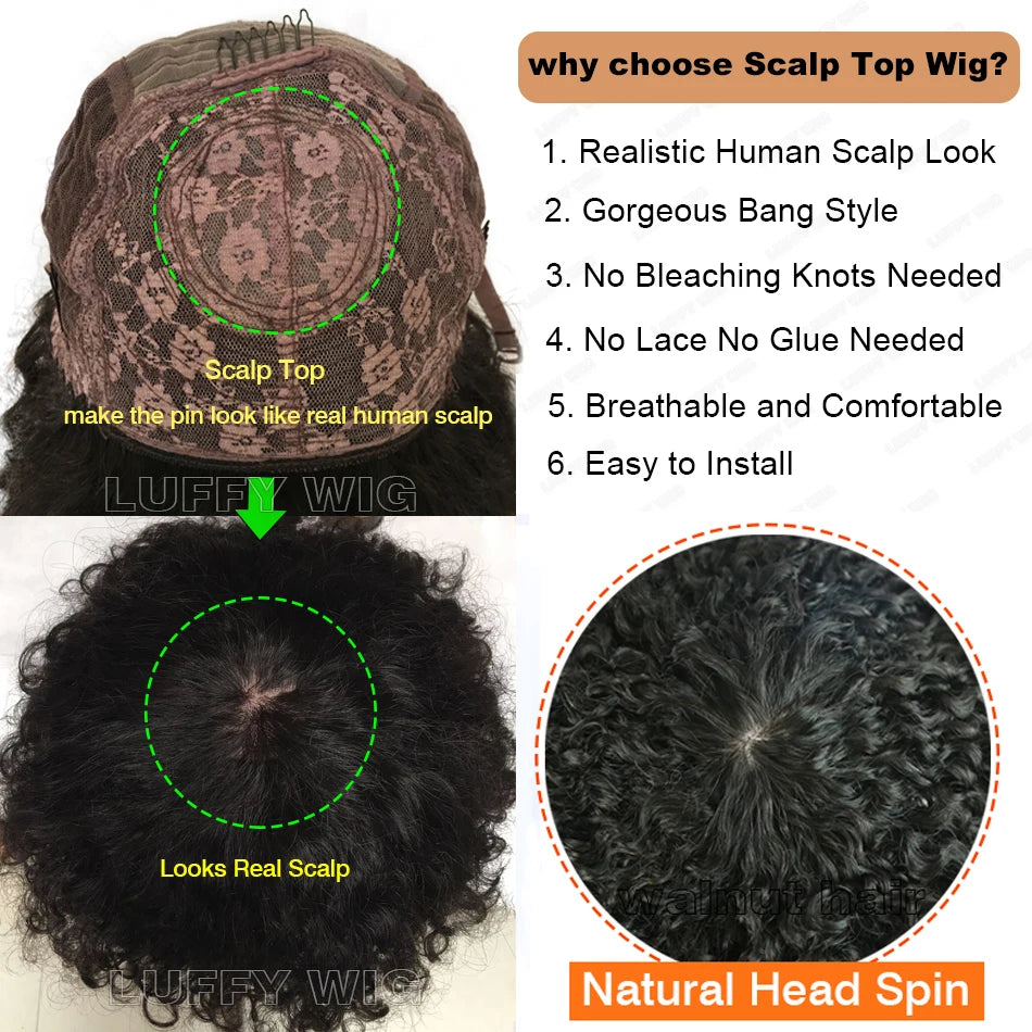 4B 4C Afro Kinky Curly Wig with Bangs Human Hair Full Machine Made Scalp Top Wig 200 Density Remy Brazilian Short Bob Curly Wigs