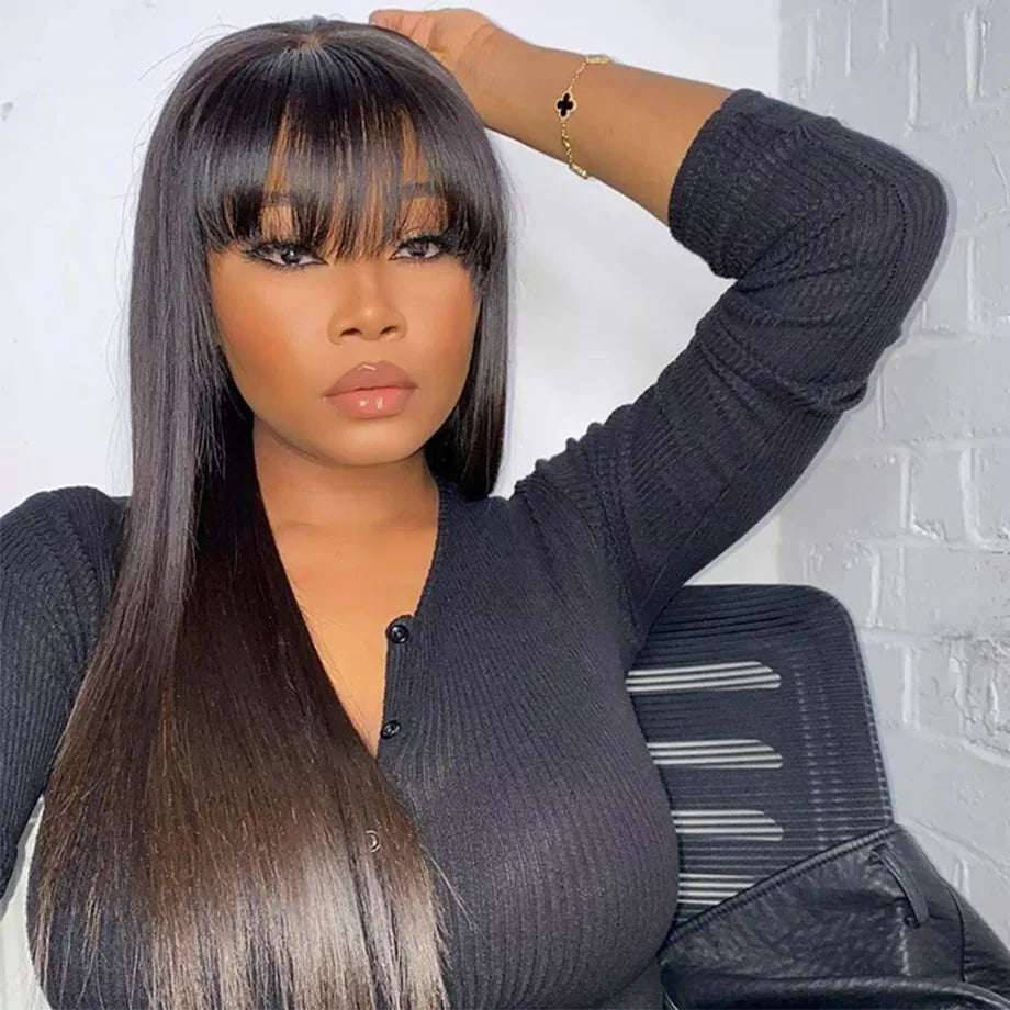 3x1 Middle Part Human Hair Wigs With Bangs Cheap Straight Wigs For Black Women 30 32 Inch Brazilian Wigs 100% Human Hair Wig