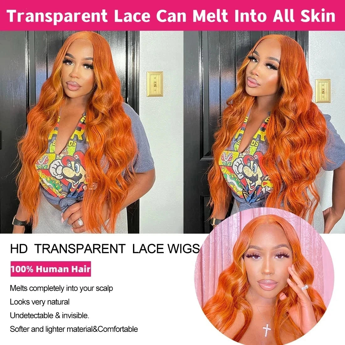 Ginger Orange 13x6 HD Lace Front Wigs Human Hair Bone Body Wave 13x4 Human Hair Lace Frontal Wigs Transparent Lace Wig For Women