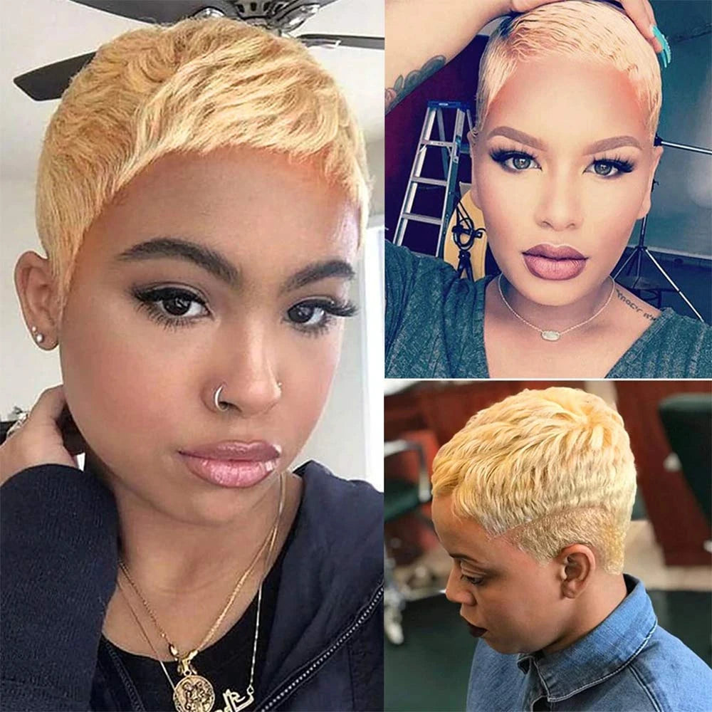 150% Density Chic Pixie Cut Human Hair Wig with Bangs - Brazilian Non-Lace Front, Full Machine-Made for Everyday Elegance