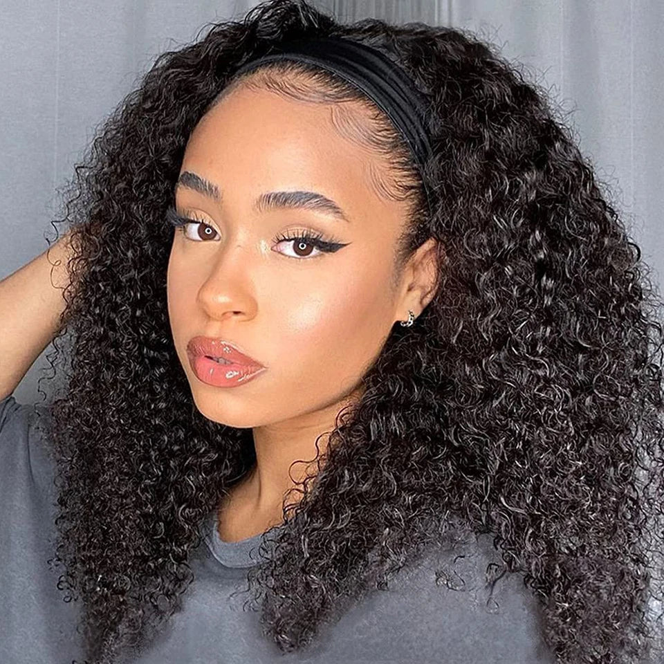 Afro Kinky Curly Wig Silk Headband Wig Human Hair for Women 180% Glueless Wigmy Curly Human Hair Wig Brazilian Hair Half Wig