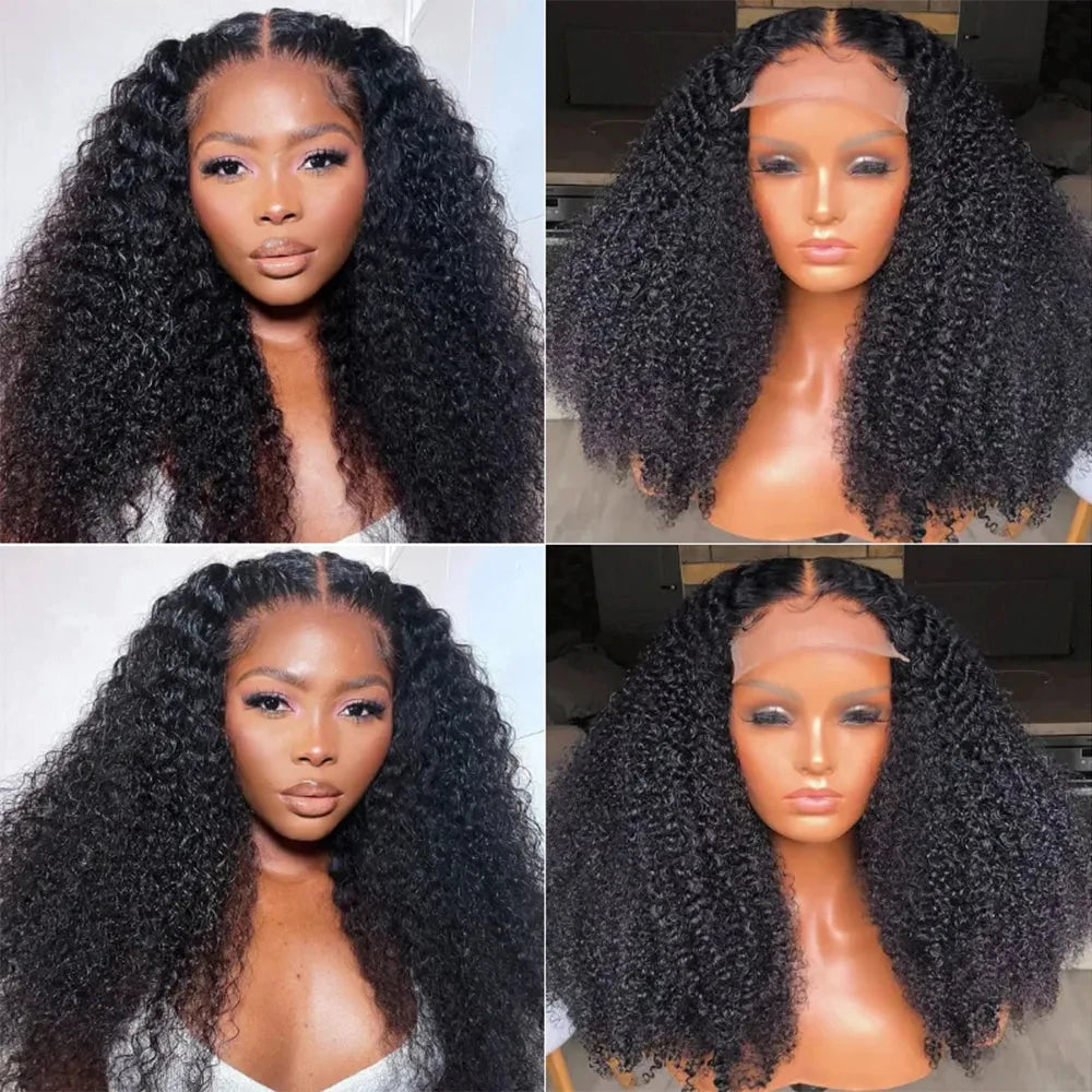 300% Density Kinky Curly 13X4 Hd Transparent Lace Frontal Human Hair Wig For Women Raw Indian Hair Natural Color Pre-Plucked