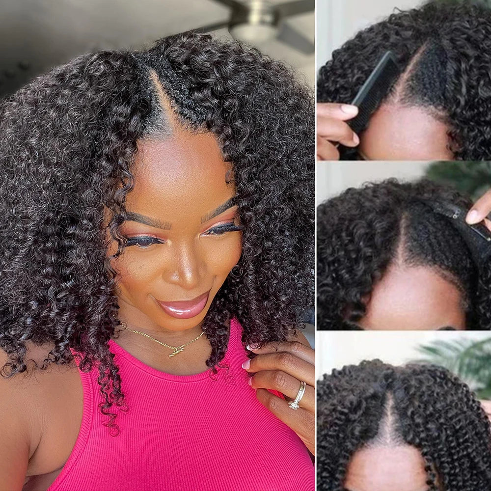 Kinky Curly V Part Wig 100% Human Hair 4C Afro Curly V Part Human Hair Wigs for Women Brazilian Deep Wave Thin Part Wig on Sale