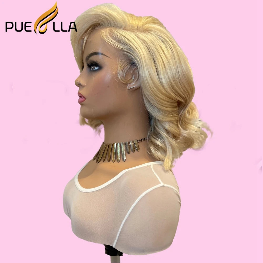 Ombre Honey Blonde 13X4 Lace Front Wig Remy Human Hair Preplucked 613 Brown Colored Short Wavy Transparent Lace Frontal Wigs