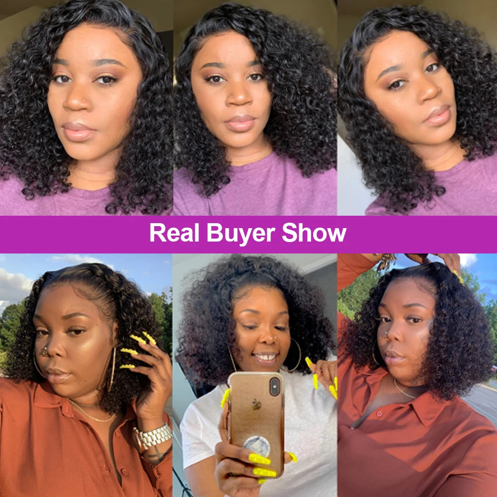 13x1 Curly Short Bob Lace Wigs Brazilian 4x4 Bob Lace Closure Wig Glueless Deep Wave Lace Frontal Human Hair Wigs For Women 220%