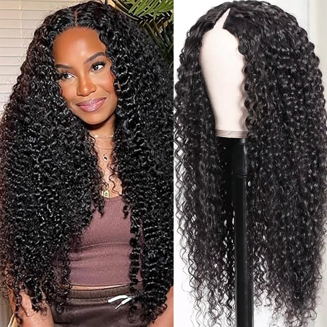 Kinky Curly V Part Wig 100% Human Hair 4C Afro Curly V Part Human Hair Wigs for Women Brazilian Deep Wave Thin Part Wig on Sale