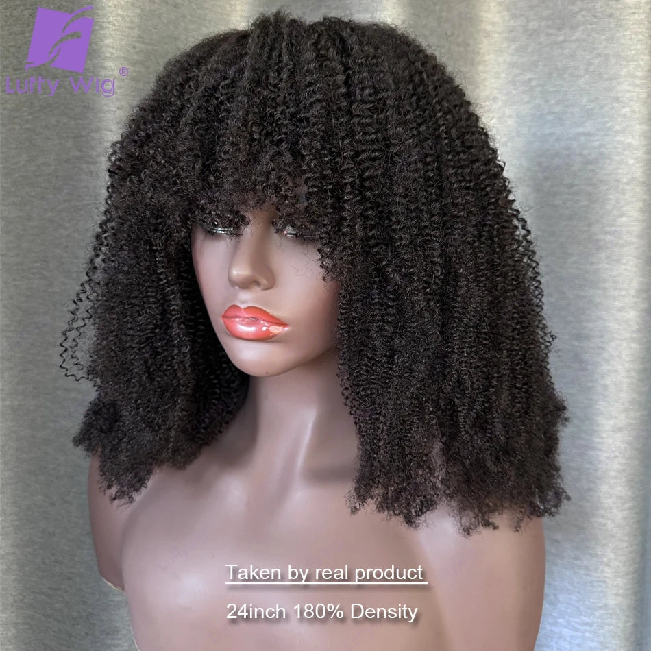 4B 4C Afro Kinky Curly Wig with Bangs Human Hair Full Machine Made Scalp Top Wig 200 Density Remy Brazilian Short Bob Curly Wigs