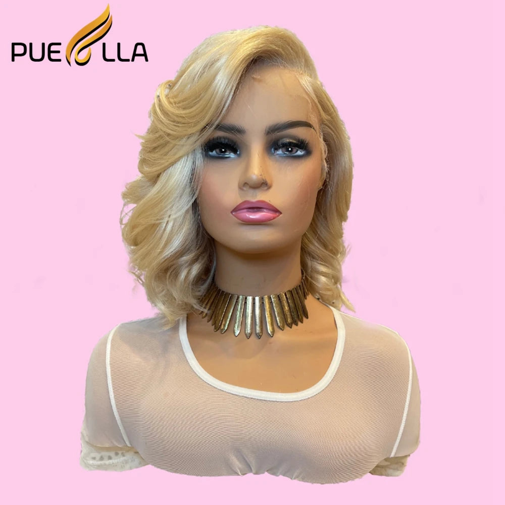 Ombre Honey Blonde 13X4 Lace Front Wig Remy Human Hair Preplucked 613 Brown Colored Short Wavy Transparent Lace Frontal Wigs