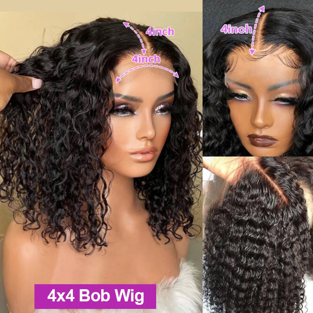 13x1 Curly Short Bob Lace Wigs Brazilian 4x4 Bob Lace Closure Wig Glueless Deep Wave Lace Frontal Human Hair Wigs For Women 220%